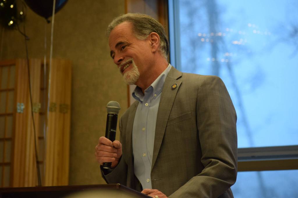 State Senator Peter Micciche speaks at the Kenai Senior Center's 50th anniversary reception on Tuesday, Nov. 30, 2021. (Camille Botello/Peninsula Clarion)