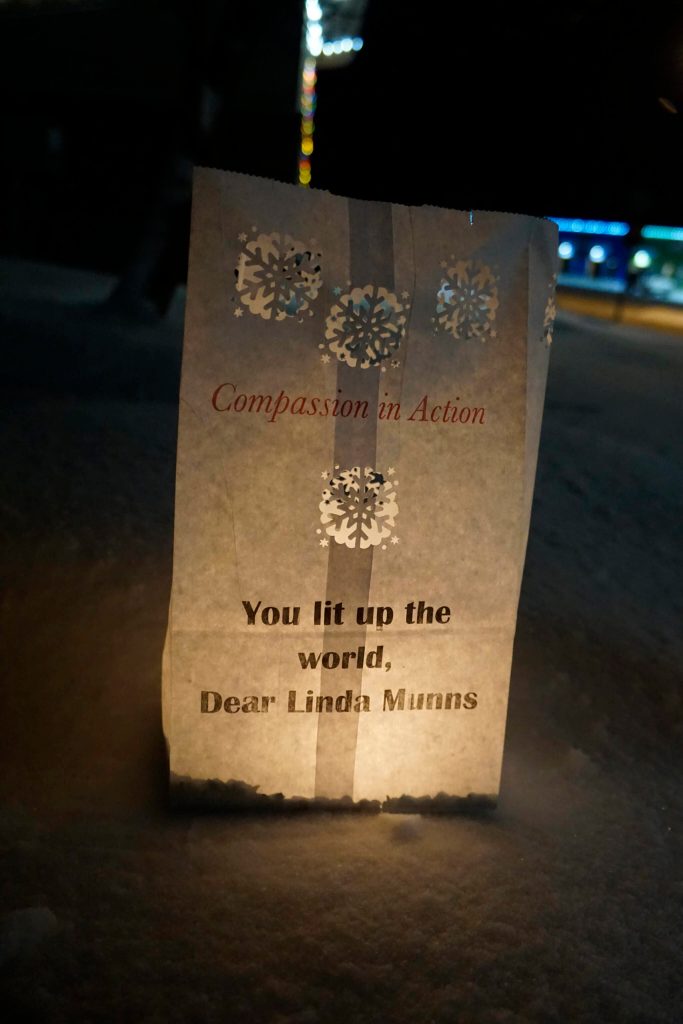 A luminaria honoring Linda Munns is one of the memorials placed on Thursday, Dec. 16, 2021, for Hospice of Homers LIght Up a Life event at WKFL Park in Homer, Alaska. (Photo by Michael Armstrong/Homer News)