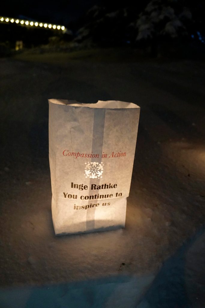 A luminaria honoring zInge Rathke is one of the memorials placed on Thursday, Dec. 16, 2021, for Hospice of Homers LIght Up a Life event at WKFL Park in Homer, Alaska. (Photo by Michael Armstrong/Homer News)