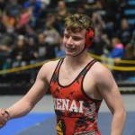 Kenais Andrew Gaethle competes in the Division II state wrestling championship at the Alaska Airlines Center in Anchorage on Saturday, Dec. 18, 2021. (Camille Botello/Peninsula Clarion)
