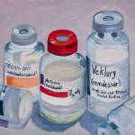 Dr. Sami Alis painting of COVID-19 treatments is part of her show, The Mind of A Healthcare Worker During the COVID-19 Pandemic, opening Friday, Jan. 7, 2022, at the Homer Council on the Arts. (Photo by Amber Johnson)