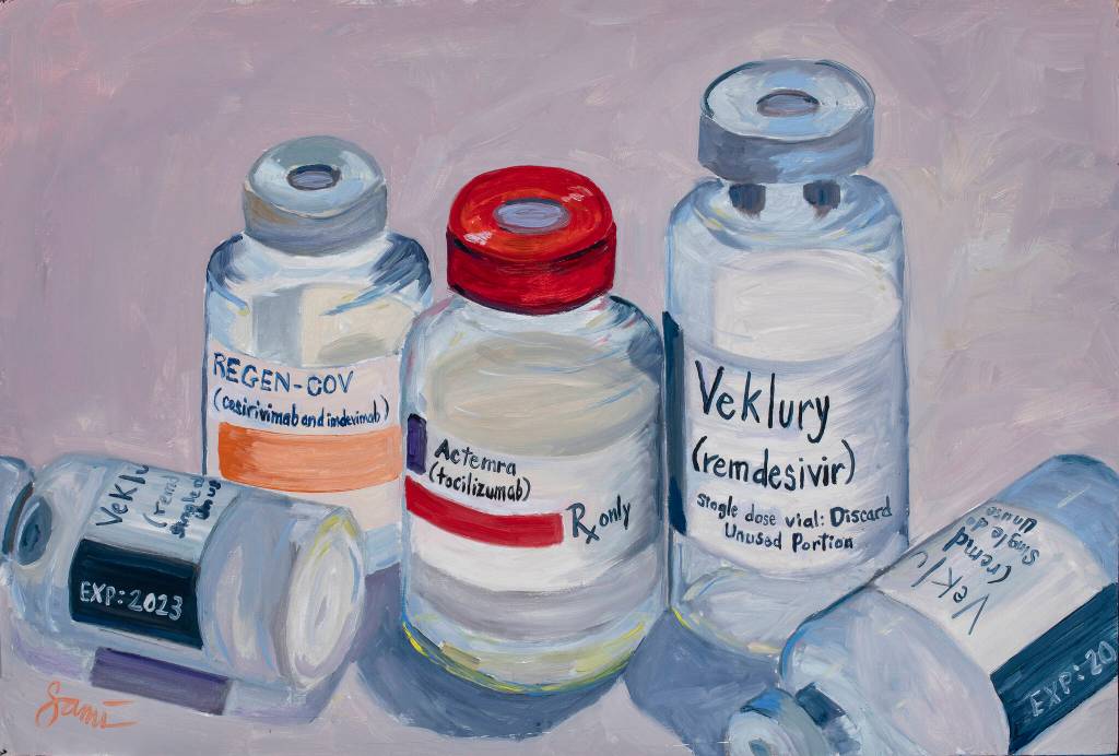 Dr. Sami Alis painting of COVID-19 treatments is part of her show, The Mind of A Healthcare Worker During the COVID-19 Pandemic, opening Friday, Jan. 7, 2022, at the Homer Council on the Arts. (Photo by Amber Johnson)
