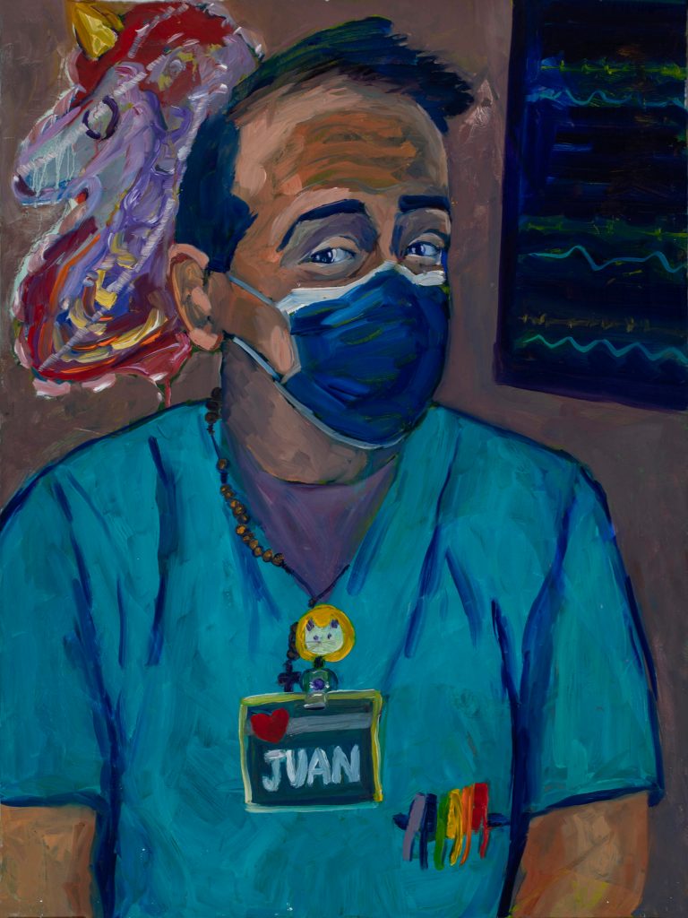 Dr. Sami Alis painting of a healthcare worker is part of her show, The Mind of A Healthcare Worker During the COVID-19 Pandemic, opening Friday, Jan. 7, 2022, at the Homer Council on the Arts. (Photo by Amber Johnson)