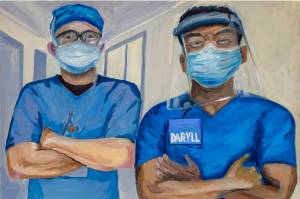 Dr. Sami Ali's painting of two healthcare workers is part of her show, "The Mind of A Healthcare Worker During the COVID-19 Pandemic," opening Friday, Jan. 7, 2022, at the Homer Council on the Arts. (Photo by Amber Johnson)