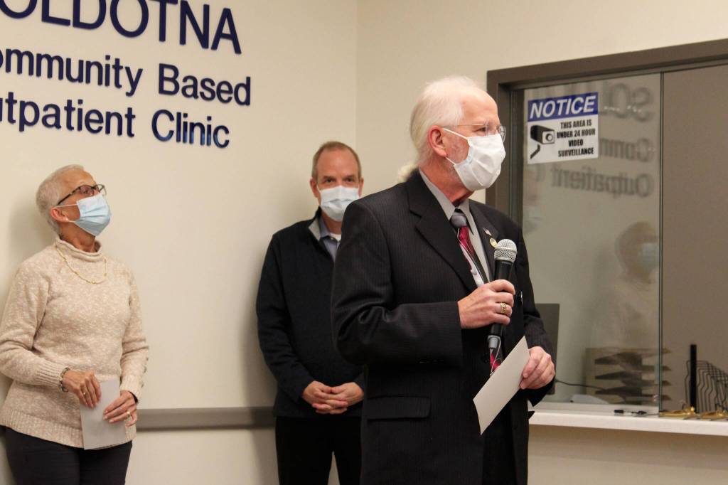 Soldotna Mayor Paul Whitney speaks at a ribbon cutting ceremony at the Soldotna Community Based Outpatient Clinic on Wednesday, Dec. 29, 2021 in Soldotna, Alaska. (Ashlyn OHara/Peninsula Clarion)
