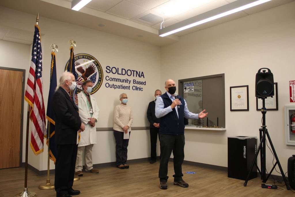 Alaska Office of Veterans Affair Director Verdie Bowen speaks at a ribbon cutting ceremony at the Soldotna Community Based Outpatient Clinic on Wednesday, Dec. 29, 2021 in Soldotna, Alaska. (Ashlyn OHara/Peninsula Clarion)