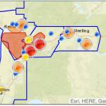 A screenshot from around 10:45 p.m. on Tuesday, Dec. 28, 2021 shows the location of reported power outages experienced by members of Homer Electric Association. (Screenshot)