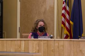 Homer City Council member Rachel Lord discusses her concerns with funding the Alaska Small Business Development Center Homer Business Advisory position during the Jan. 10 council meeting. (Photo by Sarah Knapp/Homer News)