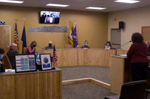 The Homer City Council asks Jan Keiser, Public Works Department director, questions about the Homer Green Infrastructure Management System during the Jan. 10, 2022, worksession. (Photo by Sarah Knapp/Homer News)
