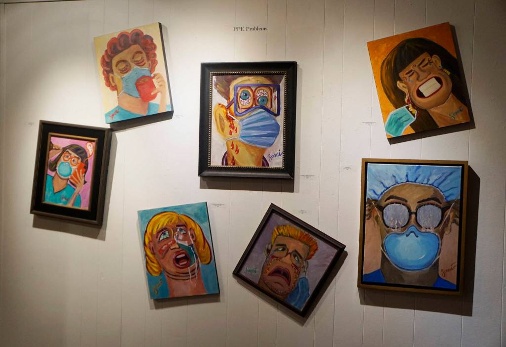 PPE Problems is a panel of paintings in Dr. Sami Alis exhibit, The Mind of a Healthcare Worker During the COVID-19 Pandemic, showing in January 2022 at the Homer Council on the Arts in Homer, Alaska. The paintings show issues people had with wearing face masks. (Photo by Michael Armstrong/Homer News)