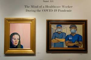 Two paintings in in Dr. Sami Ali's exhibit, "The Mind of a Healthcare Worker During the COVID-19 Pandemic," showing in January 2022 at the Homer Council on the Arts in Homer, Alaska. (Photo by Michael Armstrong/Homer News)