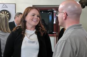 Ben Hohenstatt / Juneau Empire File
District Attorney Angie Kemp speaks with Assembly member Wade Bryson after at September 2019 presentation for a Greater Juneau Chamber of Commerce luncheon. Kemp has been named director of the Alaska Department of Laws Criminal Division.