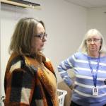Leslie Rohr, executive director of Love INC, (left) and Kathy Gensel, president of Bridges Community Resource Network, Inc., field questions from reporters during a tour of the recently opened cold weather shelter in Nikiski, on Monday, Nov. 22, 2021, in Nikiski, Alaska.