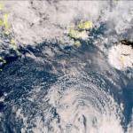 This satellite image taken by Himawari-8, a Japanese weather satellite, and released by the agency, shows an undersea volcano eruption at the Pacific nation of Tonga Saturday, Jan. 15, 2022. An undersea volcano erupted in spectacular fashion near the Pacific nation of Tonga on Saturday, sending large waves crashing across the shore and people rushing to higher ground. (Japan Meteorology Agency via AP)