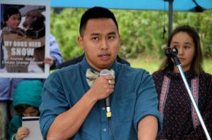 Esau Sinnok of Shishmaref, Alaska, speaks at a news conference after the Alaska Supreme Court heard arguments on Oct. 9, 2019, in Anchorage, Alaska, in a lawsuit that claims state policy on fossil fuels is harming the constitutional right of young Alaskans to a safe climate. The Alaska Supreme Court on Friday, Jan. 28, 2022, upheld the dismissal of a lawsuit filed by 16 Alaska youths, who claimed long-term effects of climate change will devastate Alaska and interfere with their individual constitutional rights. (AP Photo/Mark Thiessen, File)