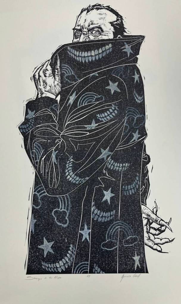 One of local artist James Adcoxs prints is on display at the Kenai Art Center on Monday, Jan. 31, 2022. (Camille Botello/Peninsula Clarion)