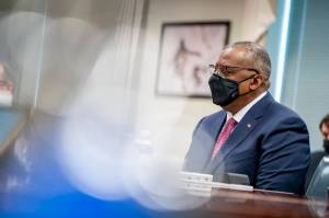 Secretary of Defense Lloyd Austin speaks during a meeting with Emir of Qatar Sheikh Tamim bin Hamad Al Thani at the Pentagon in Washington, Monday, Jan. 31, 2022. (AP Photo / Andrew Harnik)