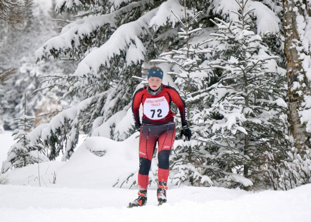 Jeff Helminiak/Peninsula Clarion 
Kenais Madison McDonald skates to fourth place in the junior varsity race at the Kardinal Klassic at Kenai Golf Course on Friday in Kenai.