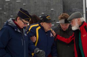 Toras Fisk is thanked for his service after the 2021 Veterans Day ceremony at the Alaska Islands and Ocean Center on Nov. 11. (Photo by Sarah Knapp/Homer News)