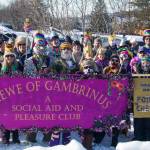 The Krewe of Gambrinus, a social aid and pleasure club, celebrated the Homer Winter Carnival and Mardi Gras with a parade from Homer Brewing to Beluga Lake Logdge. (Photo by Sarah Knapp/Homer News)