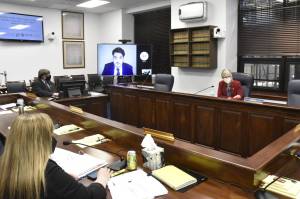 Members of the House Committee of Military and Veterans' Affairs heard testimony on Thursday, Feb. 10, 2022, on the far-right militia group the Oath Keepers amid public pressure to take disciplinary action against Rep. David Eastman, R-Wasilla, who is a member of the group. (Peter Segall / Juneau Empire)