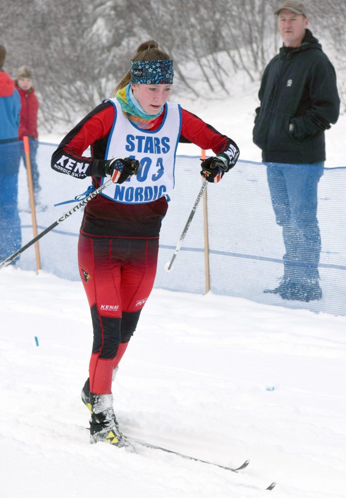 Kenais Jayna Boonstra finishes the girls 5-kilometer mass start classic race Saturday at the Region III ski championships at Tsalteshi Trails just outside of Soldotna.