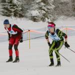 Photos by Camille Botello/Peninsula Clarion
Kenai Centrals Jack Laker and Colonys Jayden Rice race in the 7.5-kilometer classic mass start at the Region III ski championships Saturday at Tsalteshi Trails just outside of Soldotna.