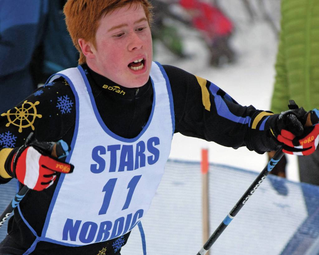 Photo by Camille Botello/Peninsula Clarion 
Homers Jody Goodrich finishes the boys 7.5-kilometer classic mass start Saturday, Feb. 12, at the Region III ski championshps at Tsalteshi Trails just outside of Soldotna.