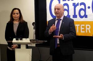 Gubernatorial candidate Les Gara, right, announced as his running mate Jessica Cook, left, an Eagle River school teacher, at a news conference in Anchorage on Monday, Feb. 14, 2022. (Courtesy photo / Erin Kirkland)