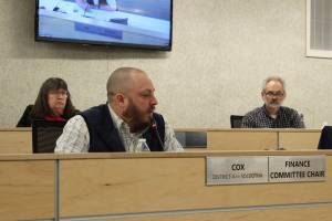 Assembly member Tyson Cox speaks during a meeting of the Kenai Peninsula Borough Assembly on Tuesday, Feb. 15, 2022 in Soldotna, Alaska. (Ashlyn O’Hara/Peninsula Clarion)