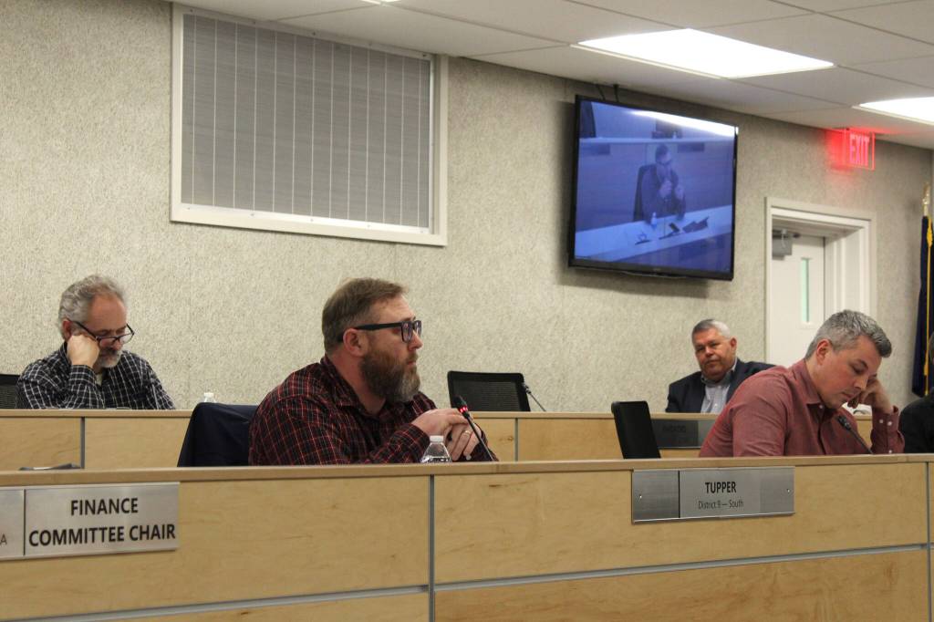 Assembly member Mike Tupper speaks during a meeting of the Kenai Peninsula Borough Assembly on Tuesday, Feb. 15, 2022 in Soldotna, Alaska. (Ashlyn O’Hara/Peninsula Clarion)