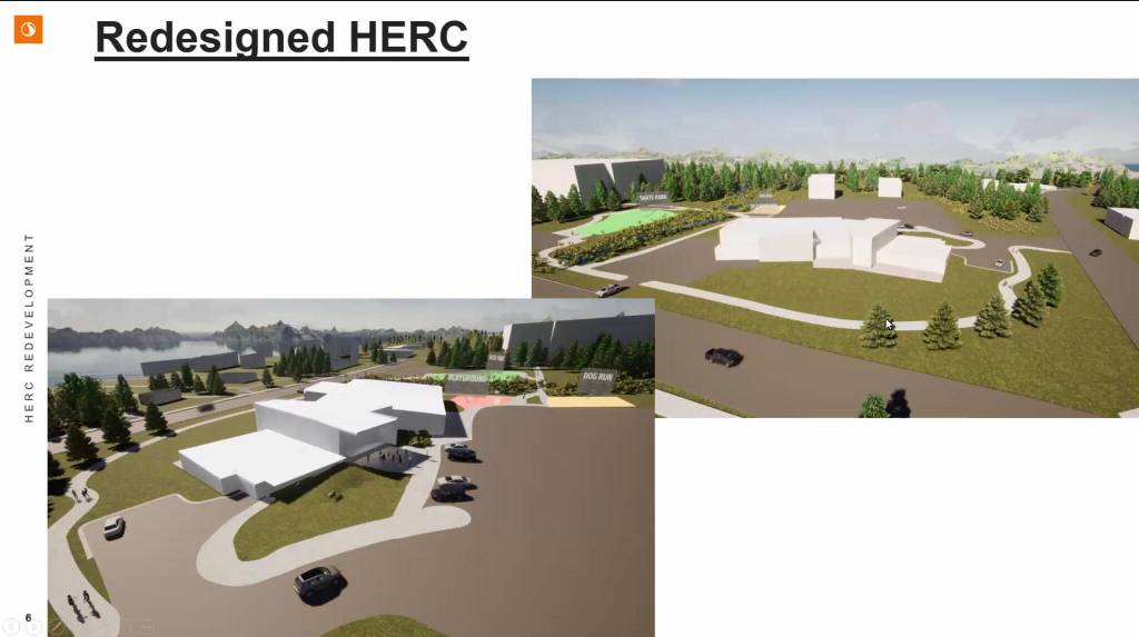 This graphic prepared by Stantec shows a proposed community center to go on the site of the Homer Education and Recreation Complex. Stantec staff presented the plans at the Homer City Council meeting on Monday, Feb. 28, 2022, at the Cowles Council Chambers, Homer City Hall, Homer, Alaska. (Screen capture/Stantec)