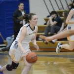 Lady Mariner Kaylin Anderson drives the ball down the court against the Lady Bulldogs during Senior Night on Friday, Feb. 25, 2022, at the Alice Witte Gym at Homer High School in Homer, Alaska. (Photo by Michael Armstrong/Homer News)