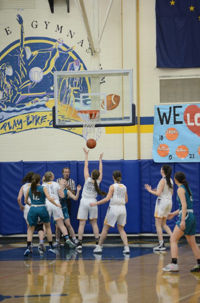 Lady Mariner Sophie Ellison goes for the ball after the Lady Bulldogs scored a basket during Senior Night on Friday, Feb. 25, 2022, at the Alice Witte Gym at Homer High School in Homer, Alaska. (Photo by Michael Armstrong/Homer News)