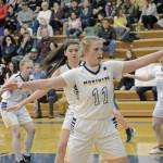 Lady Mariner Sydney Shelby and her teammates put up a defense against the Lady Bulldogs during Senior Night on Friday, Feb. 25, 2022, at the Alice Witte Gym at Homer High School in Homer, Alaska. Behind Shelby are, from left to right, Mel Morris, Hannah Stonorov, Delilah Harris, and Bethany Engebretsen. (Photo by Michael Armstrong/Homer News)