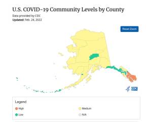 CDC.gov 
A map of COVID-19 Community Levels by county show the Kenai Peninsula have a medium community level on Friday, Feb. 24, 2022.
