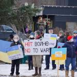 About 45 people participated in a demonstration on Thursday, March 3, 2022, at WKFL Park in Homer, Alaska, in support of Ukraine and against the Russian invasion. (Photo by Michael Armstrong/Homer News)
