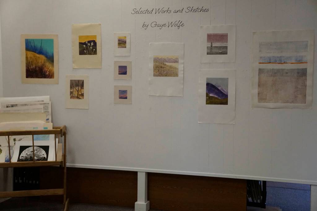 "Selected Works and Sketches by Gaye Wolfe," showing at the Homer Council on the Arts through March, includes many canvases no longer framed. (Photo by Michael Armstrong/Homer News)