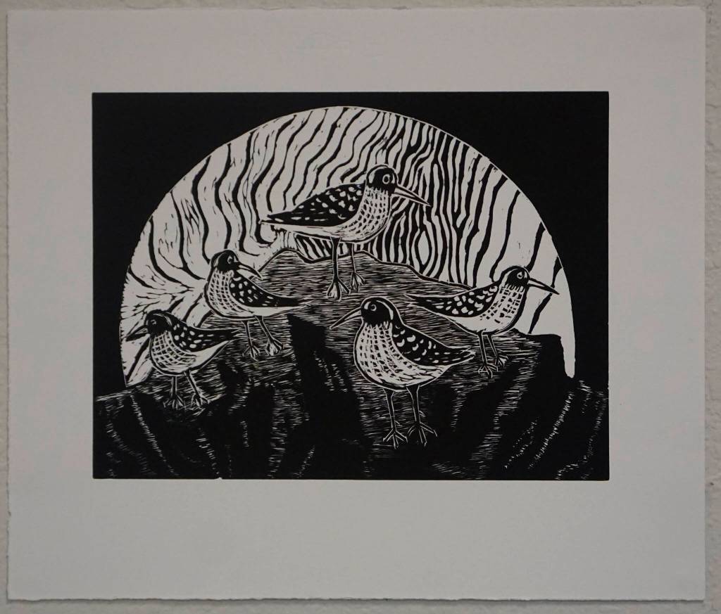 "Selected Works and Sketches by Gaye Wolfe," showing at the Homer Council on the Arts through March, includes this print of shorebirds. (Photo by Michael Armstrong/Homer News)