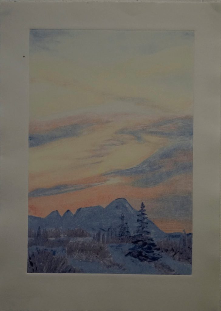 "Selected Works and Sketches by Gaye Wolfe," features landscapes seen from Wolfe's Diamond Ridge home, such as this view of Mount Iliamna and Cook Inlet. (Photo by Michael Armstrong/Homer News)