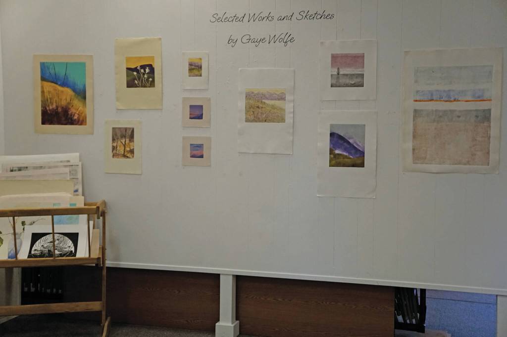 Photo by Michael Armstrong/Homer News 
Selected Works and Sketches by Gaye Wolfe, showing at the Homer Council on the Arts through March, includes many canvases no longer framed.