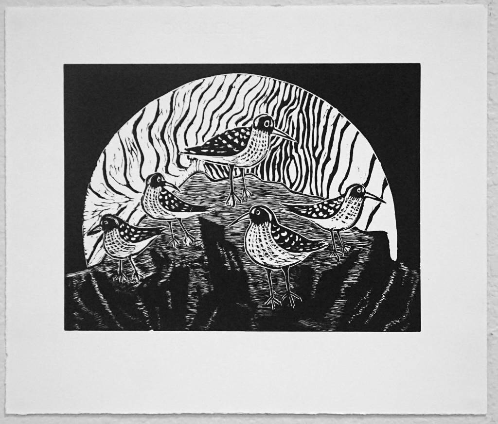 Selected Works and Sketches by Gaye Wolfe, showing at the Homer Council on the Arts through March, includes this print of shorebirds. (Photo by Michael Armstrong/Homer News)