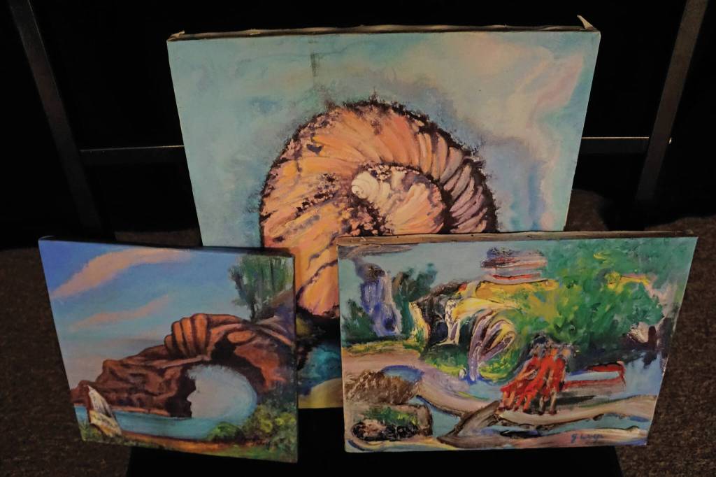 Photo by Michael Armstrong/Homer News 
Selected Works and Sketches by Gaye Wolfe, showing at the Homer Council on the Arts through March, includes some framed small paintings.