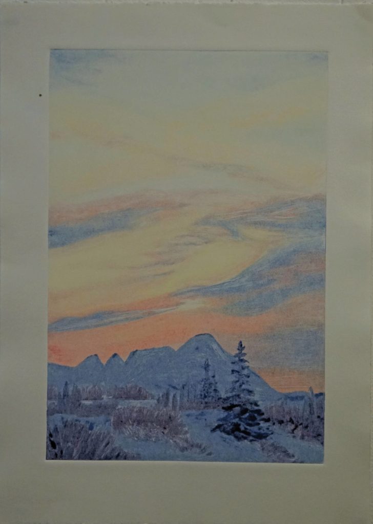 Photo by Michael Armstrong/Homer News
Selected Works and Sketches by Gaye Wolfe, features landscapes seen from Wolfes Diamond Ridge home, such as this view of Mount Iliamna and Cook Inlet.