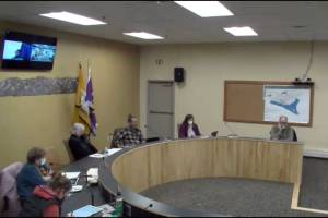 Homer Mayor Ken Castner, far right, and members of the Homer City Council meet on Monday, March 14, 2022, in the Cowles Council Chambers, Homer City Hall, in Homer, Alaska. (Screenshot)