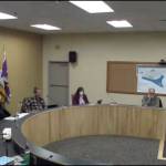 Homer Mayor Ken Castner, far right, and members of the Homer City Council meet on Monday, March 14, 2022, in the Cowles Council Chambers, Homer City Hall, in Homer, Alaska. Because of lower COVID-19 pandemic levels, face masks are now optional at City Hall (Screenshot)