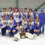 Photo by Stephanie Pitzman
The Glacier Kings 18MU hockey team pose for a photo after winning the state championship on Monday, March 14, at the MTA Events Center in Wasilla. In the back row, from left to right, are Aiden Arno, Brock Barth, Casey Otis, Hunter Green, Matfey Reutov, Seamus Hatton, Makary Reutov, River Henry, Walden Kraszeski, Coach Chris Owen, Coach Joanna Owen. In the front row, from left to right, are Micah Williamson, Kazden Stineff, Goalie Keegan Strong, Owen Pitzman, Jordan Barrowcliff and Ethan Drake.