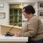 Olivia Ferguson, who is the student representative to the Kenai Peninsula Borough School District Board of Educations Information Committee speaks during a board meeting on Monday, March 14, 2022 in Soldotna, Alaska. (Ashlyn OHara/Peninsula Clarion)