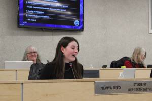 Homer High School student and Kenai Peninsula Borough School District Board of Education Student Representative Neviya Reed speaks during a board meeting on Monday, March 14, 2022 in Soldotna, Alaska. (Ashlyn OHara/Peninsula Clarion)
