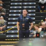 Nick Finley coaches the Ninilchik Wolverines during the 2A state basketball championship game at the Alaska Airlines Center in Anchorage, Alaska on Saturday, March 19, 2022. (Camille Botello/Peninsula Clarion)